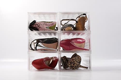 Lego-Like clear plastic stackable shoe box storage container and shoe rack by Shoe Bubble transparent shoe boxes, also suitable for under bed and 90% of shoe sizes