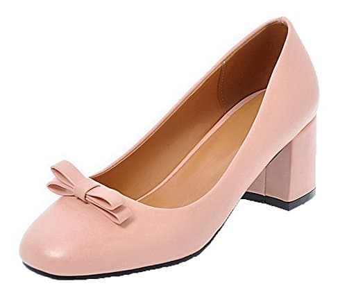 Odomolor Women's Solid Pull-On Kitten-Heels PU Closed-Toe Court Shoes, Pink, 36