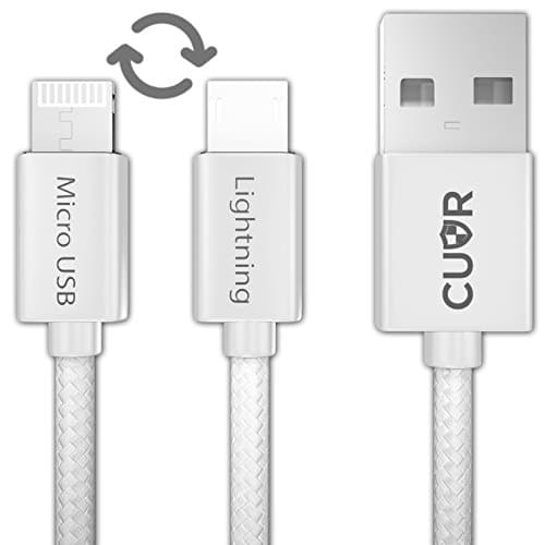 OneCable® 2-in-1 Lightning Cable &amp; Micro USB Charger | Braided Charging and Data Lead for Apple iPhone 5 6 6S 7 8 X Plus iPad Air Mini Pro iPod Galaxy S7 Edge PS4 Xbox (Silver)