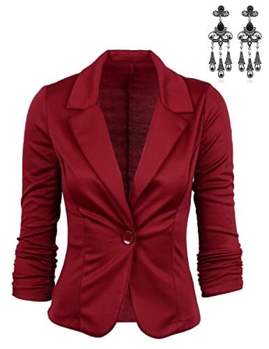 Modetrend Women's One Button Basic Blazer Slim Fit Scrunched Sleeve Jacket Suit Outerwear (Small, Wine Red)