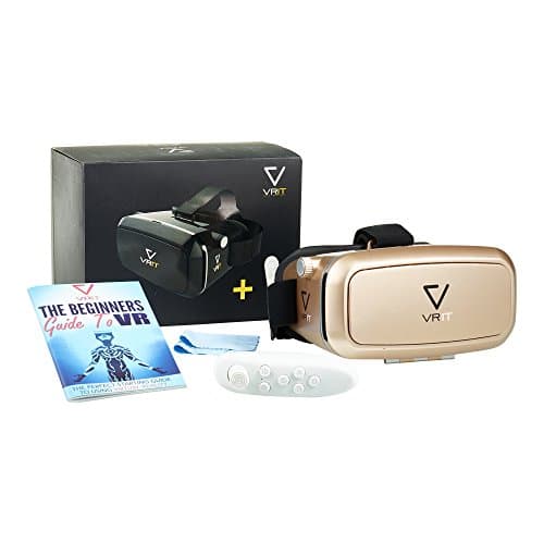 Top VR Headset Set + Bluetooth Remote + Guide To Virtual Reality, The 3d Virtual Reality Kit , Enjoy VR Games, Apps And Movies On Your Mobile. Works With Android, Iphone And All Phones 4-6 Inches Wide (Gold)