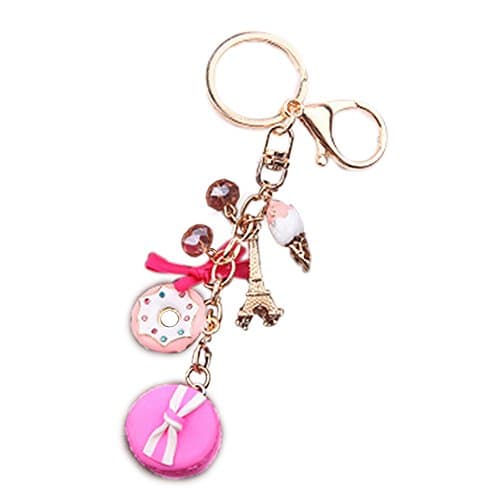 Espoy Mini Eiffel Tower Keychain Macaron Cake Dessert Keyring with Bow Donuts Ice Cream Pendant Souvenir for Girls Women Pink