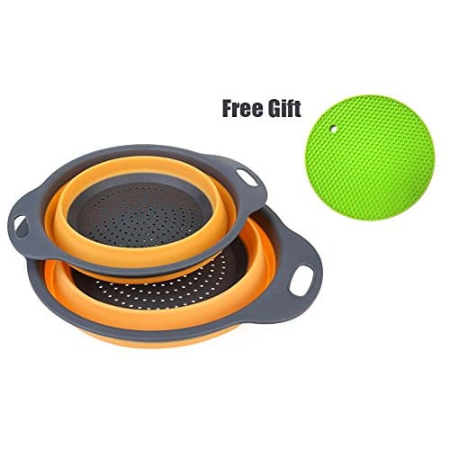 Collapsible Colander - NEWYANG 2 Pcs Kitchen Foldable Silicone Strainer Includes 1 PCS Non-Slip Silicone Pad, Kitchen Strainer for Food, Fruit, Vegetable (Orange)