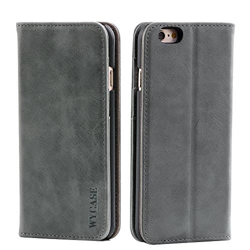 WYCASE® iPhone 6s plus case,iPhone 6 plus case,Genuine Leather Case,Handmade Wallet Case,Flip Folio Book Cover with Stand Function,Card Slots,Magnetic Closure Grey