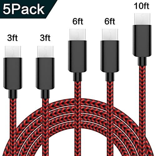 ActionPie USB Type C Cable 5-Pack(3/3/6/610ft) USB C Cable Nylon Braided Long Cord USB Type A to C Fast Cable for Macbook, LG G6 V20 G5,Google Pixel, Nexus 6P 5X, Samsung Galaxy S8+(Black&amp;Red)