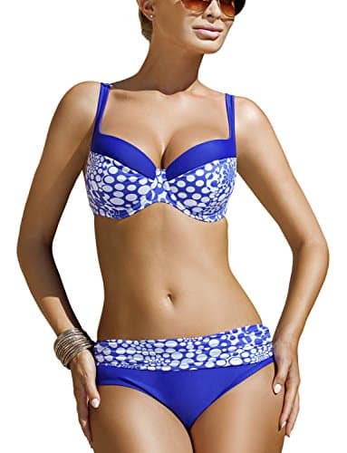 Ewlon Magda I underwired padded bikini set polka dot pattern adjustable straps - made in EU, Size 38E/16, blue-white