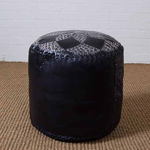 Black Round Patterned Leather Pouffe/Footstool