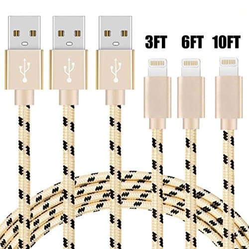 Lightning Cable,3 Pack 3ft 6ft 10ft (1/2/3 m) Nylon Braided Tiny 8-pin Head Lightning to USB Sync & Charger Cable Charging Lead Cord USB Wire with Aluminum Connector for Apple iPhone SE/5/5s/5c 6/6s Plus 7/7s Plus, iPad 4/mini/Air/Pro iPod touch/nano iOS10(Gold)