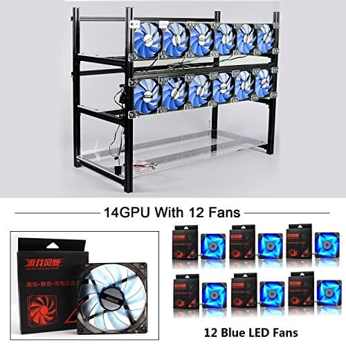 RuiXinFeng 14 GPU Mining Rig Aluminum Stackable Case With 12 LED Fans Open Air Frame Miner Kit For ETH/ZEC/Bitcoin/Decred/Z Cash (Black-BF)