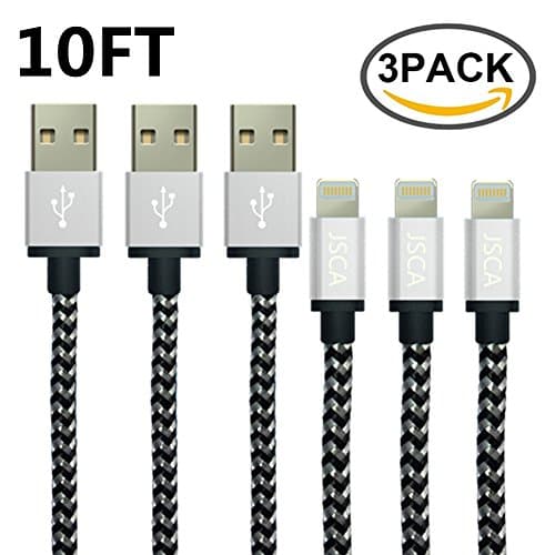 iPhone Cable 3Pack 3m / 10ft KKX Nylon Braided Lightning Cable/ iPhone Cable for iPhone 6 / 6s / 6 plus / 6s plus / 5 / 5s / 5c / SE / 7 / 7 plus - 3 m (10ft) - Silver