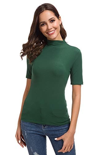 Women's Basic Long/Short Sleeve High Turtle Mock Neck/Crew Neck Slim Fit Rayon Plain Tees Shirts Top