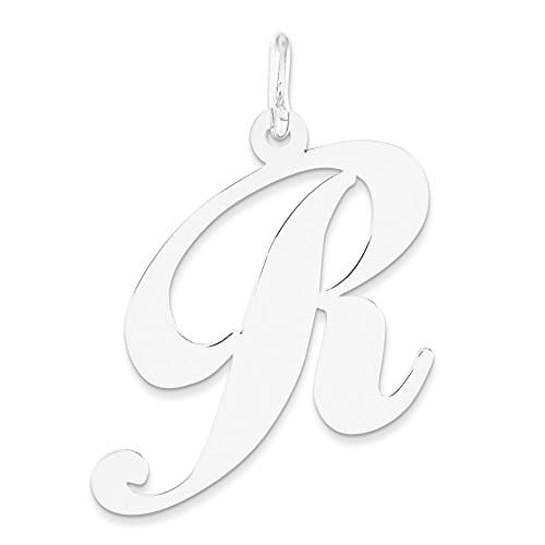 14k White Gold Solid Polished Laser-Cut Large Fancy Script Initial R Charm Pendant