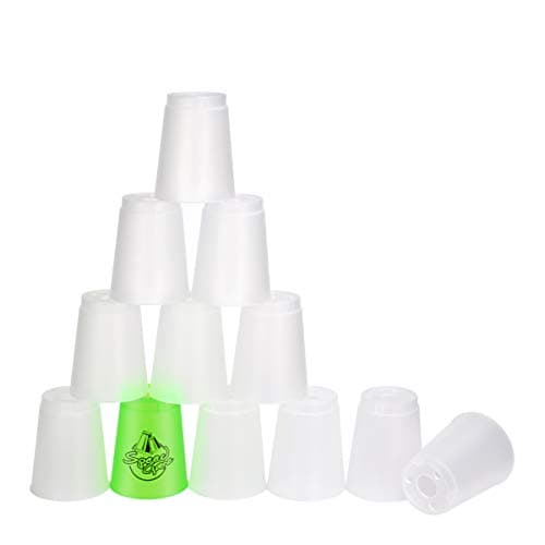 DEWEL Stacking Cup Game with 15 Stack Ways, 12pcs Cup Stacking Set, Sport Stacking Cups with BPA-Free Material, Classic Family Game, Great Gift Idea for Stack Games Lover. (11 White&1 Green)