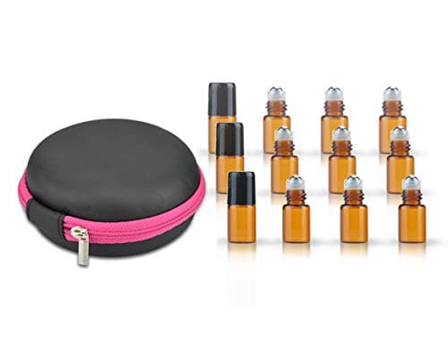 Round Hard Shell Case for 1/4 5/8 DRAM Micro Mini Roll-on Glass Bottles with Metal Roller Balls - Refillable Aromatherapy Essential Oil Roll On (HOLDS 12 VIALS) (2ML Brown bottle)