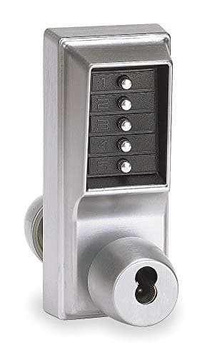 Kaba Mechanical Push Button Lockset, 5 Button, Vandal Resistant, Entry with Key Override, Satin Chrome - 1021-B-26D-41