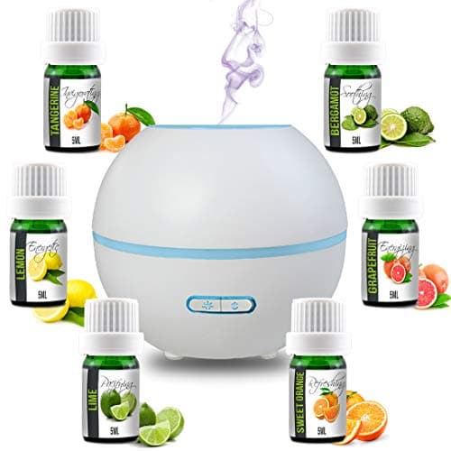 Simply Diffusers Long Running Aromatherapy Diffuser with Oils Bundle Gift Set Includes 6 x 100% Pure Essential Oils, LED Lights, Timer, 165ML Water Tank, Auto Shut Off, BPA Free in Color White