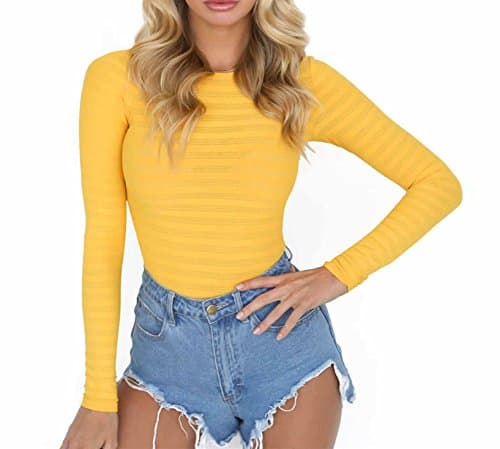 Women's Long Sleeve Striped Basic Solid Round Neck Bodysuit Stretchy Leotards