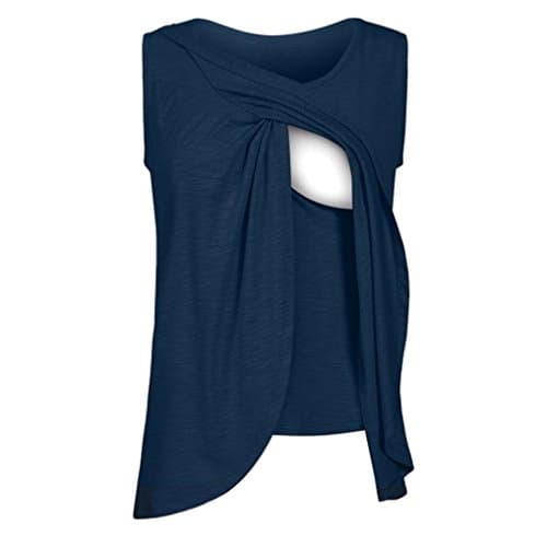 Women's Maternity Nursing Wrap Top Cap Split Double Layer Breastfeeding Solid Blouse T Shirt (L, Dark Blue)