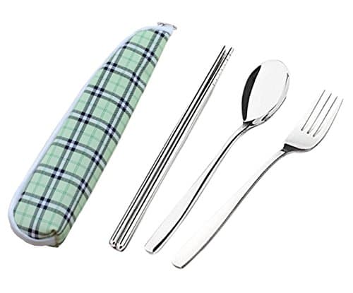 Mgcommerce Portable Reusable Flatware Sets Fork, Spoon, Chopsticks, Rustproof Stainless Steel Travel Cutlery Utensils Set with Carrying Waterproof Case for Camping Picnic hiking (Green)