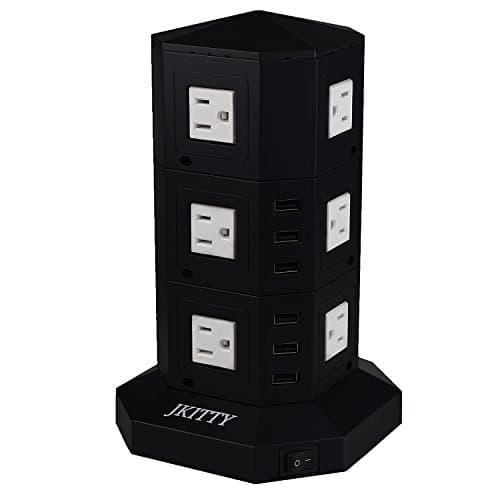 JKitty 12 Outlets 6 USB 8A Total (Each 2.4A Max) Smart Charge 3000W Surge Protector Independent Rocker Switches Stable Standing Power Strip Wall Adapter with 6ft Cable (3 Levels, Black)