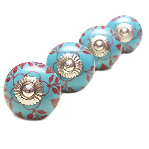 Pretty BLUE with RED Petals CERAMIC Door Knobs/Drawer Pulls from INDIA. SET of 4. (REK160032)