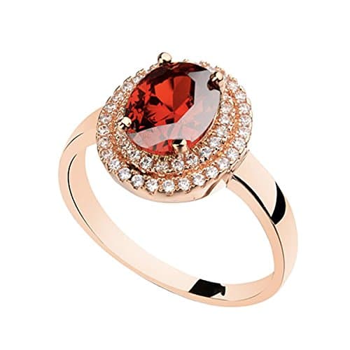 Rose Gold Plated Oval Shaped Gem Style Ring with Ruby Red Swarovski element Crystal and Clear Round Shaped Cubic Zirconia Fashion Jewelry for Women
