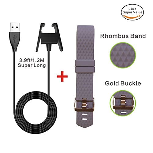 Fitbit Charge 2 Extra Long Wire Charger Cable 3.9ft/1.2M+Fitness Fitbit Wristband Gold Clasp Soft Diamond Bands,Blush Pink Large