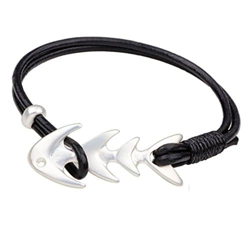 PopJ Thin Leather Cuff Fish Bone Hook Bracelet Handmade