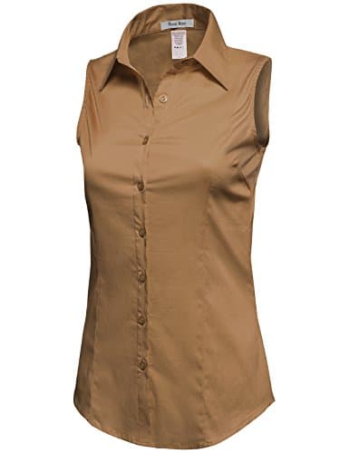 REVENINE Women's Basic Collar Button Down Vest Shirts (Plus Size Available) Small Khaki