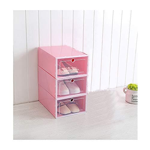 VIOLETY 3pc Storage Shoes Box Clear Plastic Foldable Stackable Shoe Container Closet Shelf Organizer (Large, Pink)