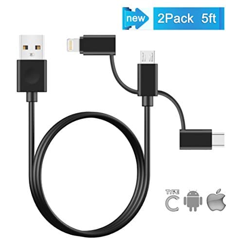 Alanda Multiple USB Charging Cable 2 Pack (5ft) 3 in 1 Multi Phone Charger Adapter with 8 Pin Lightning Cable / Micro USB Cable / Type-C Cable for iPhone, iPad, Android Phones and More