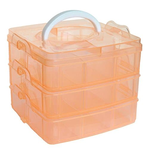 3-Tier Transparent Stackable Adjustable Compartment Slot Plastic Craft Storage Box Organizer Snap-Lock Tray Container 3 Sizes 4 Candy Colors Available (Medium 18 Compartment, Orange)