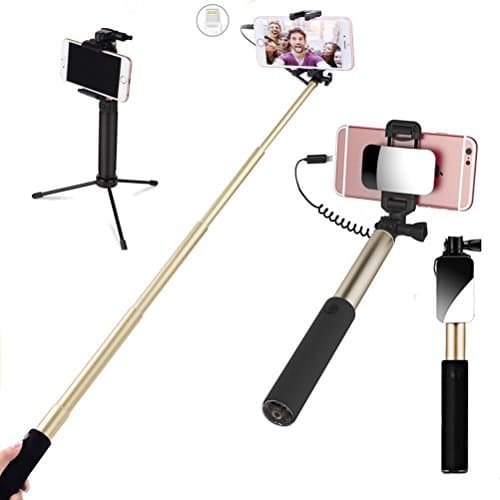 Selfie Stick with iPhone Lightning Wire Control Extendable Compact Handheld Tripod with Mirror HD Rear Camera Shooting for iPhone X 8 8Plus 7 7Plus 6 6S Plus (iPhone Lightning Connector Gold)