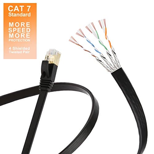Cat 7 Ethernet Cable 10 ft Flat - Shielded 10GB Cat7 Slim Ethernet Patch cord - Fastest Internet RJ45 wire short for Modem, Router, LAN, Computer, PS4 - Higher speed than Cat 5e, Cat 6 Network - Black