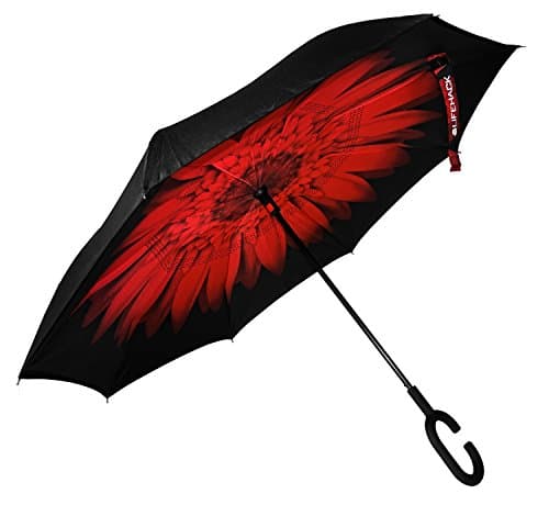 Inverted Umbrella by Mrlifehack, Best Auto Open Reverse Folding Windproof Travel Umbrellas, Double Layer, C-shape handle, Compact close, Perfect For Outdoor Sun UV Protection, Rain &amp; Golf (Red Flower)