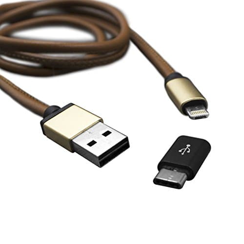 Stylish PU Leather Apple AND Android Compatible Charging Cable - Single Unit fits BOTH Micro USB Port AND Lighting Port AND USB Type C Adapter Included - Over 3 Ft in Length (Brown PU Leather)
