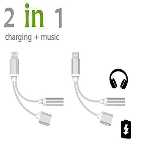 (Silver)2Pack adapter(Compatible with IOS10.3) , 2 in 1 Lightning Adapter and charger , 3.5mm Earphones Jack Cable for New iPhone 7/7 plus (Silver)