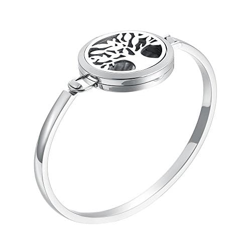 Aromatherapy Essential Oil Diffuser Locket Bangle Bracelet with Pads, Hypo-allergenic 316L Stainless Steel, Tree of Life, Gift Set