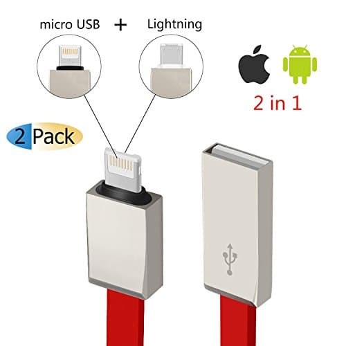 Micro USB and Lightning 2 in 1 Cable Data Transfer Charging Cord 3 Feet Red 2 Pack