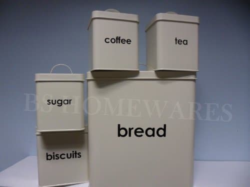 5 PIECES KITCHEN STORAGE SET TEA,SUGAR,COFFEE,BREAD,BISCUITS BIN,CONISTER,JAR CREAM COLOR MEATL by BS HOMEWARES