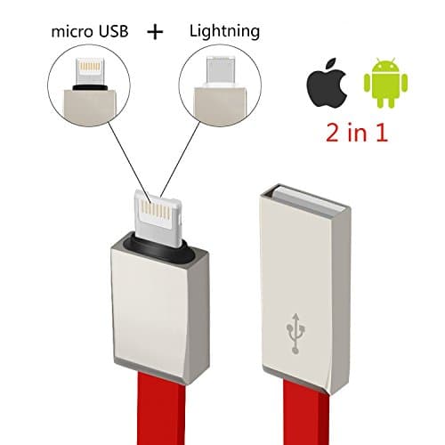 Micro USB and Lightning 2 in 1 Cable Data Transfer Charging Cord 3 Feet Red