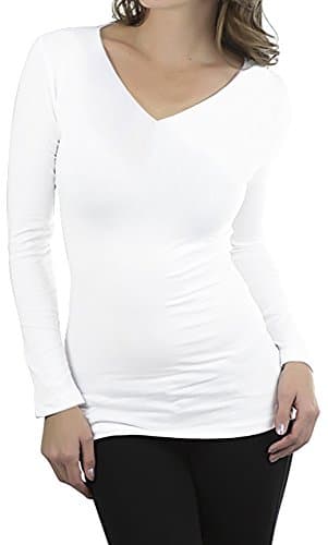 COTTON PICKING GIRLS Women's Basic Solid Color Tee Breathable Soft Long Sleeve Cotton T-shirt (S, White/V-NECK)