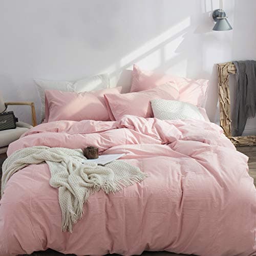 MooMee Solid Bedding Duvet Cover Set (1 Comforter Cover + 2 Pillow Shams) 100% Washed Cotton Linen Like Textured Breathable Durable Soft Comfy (Pink, Queen)