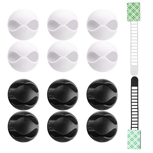Multipurpose Cable Clips 12 Pcs - Cord Management System for Computer Cables Chargers - Cable Holders Black Double, White Single-Channel, Bonus 2 Adjustable Cable Clips