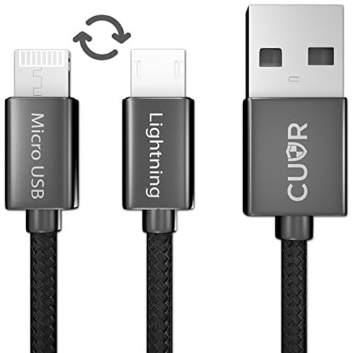 OneCable 2-in-1 Lightning Cable &amp; Micro USB Charger | Braided Charging and Data Lead for Apple iPhone 5 6 6S 7 8 X Plus iPad Air Mini Pro iPod Galaxy S7 Edge PS4 Xbox (Black)