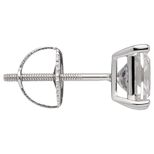 14K Solid White Gold SINGLE Stud Earring | Round or Princess Cut Cubic Zirconia | Screw Back Post | With Gift Box