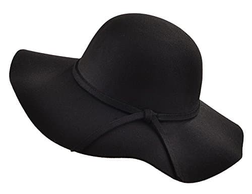 Diffyou Women's Solid Wool Ribbon Wide Brim Party Floppy Sun Felt Hat Black