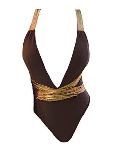 JadeRich Women's Solid Deep V High Cut Cross Back 1-Piece Thong Bikini Suit