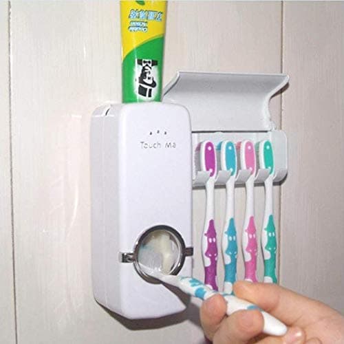 Meihet Automatic Toothpaste Dispenser with Wall Mount Toothbrush Holder Toothpaste Squeezer with 5 Brushes Hanger