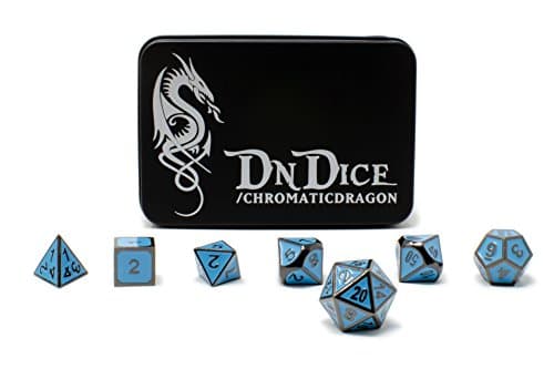 DnDice Chromatic Dragon - Solid Metal Poly Dice Set Available in Dark Chrome & Red, Green or Purple with Dragon Insignia Presentation Tin (Bone Blue)